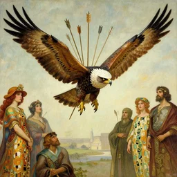 a flying harpy with huge eagle wings impaled by a dozen arrows, d & d, fantasy, luis royo, magali villeneuve, donato giancola, wlop, krenz cushart, hans zatka, klimt, alphonse mucha
