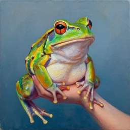 alex jones holding a frog, frog, rainbow colors, oil on canvas