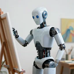 a robot shrugging. the robot is also an artist an is painting on a canvas.