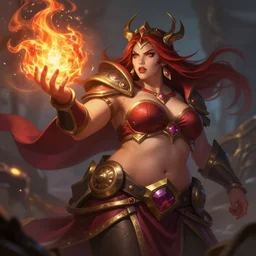The sorceress casting a fire ball, league of legends, strong fat bacchanalian body, highly detailed, digital painting, artstation, concept art, smooth, sharp focus, illustration, ArtStation, art by the best Hearthstone artist
