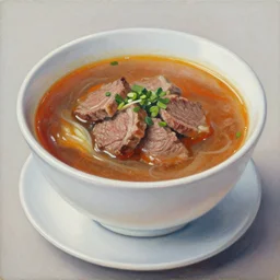 a bowl of steak soup on a table lower corner view in the style of loish van baarle, painting, fancy, delicious