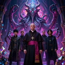 uhd hyperrealistic photorealisitc hyperdetailed detailed pope priest necromancer in front of a cthulhu, neon colors, fractal crystal, fantasy beauty portrait by tom bagshaw, tooth wu, wlop, james jean, victo ngai, beautifully lit, highly detailed, artstation, fantasy art by craig mullins, thomas kinkade, intricate architecture, baroque detailed, shiny colors