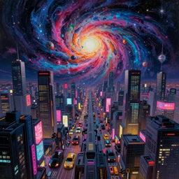 an enigmatic and terrifying painting of a cyberpunk universe by marc simonetti, greg rutkowski, ferdinand knab, colour, hyper detail, 8 k, city, universe, nebula, cars, neon, neo - tokyo, burst of colour, imaginary, concept art, out of this world, depth, incredible depth