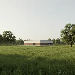 A serene landscape with a singular building in the style of octane render and octane render and octane render and octane render