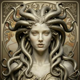 harryhausen medusa, photo, portrait, intricate details, by vincent di fate, artgerm, julie bell, beeple, Alphonse mucha, and Greg Rutkowski, 90s, Smooth gradients, octane render, 8k, High contrast, duo tone, depth of field, very coherent symmetrical artwork