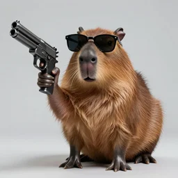 portrait of a capybara!!! wearing sunglasses holding a gun!!!! from the science fiction sci - fi movie men in black, 8 k photo still, f 1. 8