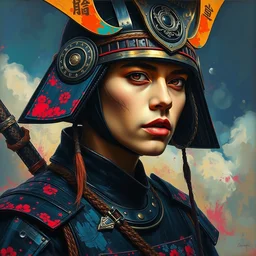! dream portrait of a samurai warrior, goth punk,, vibrant colors, surreal, a french baroque by jean paul gaultier, art by greg rutkowski by john william waterhouse, oil on canvas