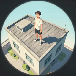 teen standing on the roof of a building, bird eye view, fisheye view, illustration, by pine ( ハイネ ) and 薯 子 imoko and 香 川 悠 作 and wlop and maya takamura, highly detailed, trending artstation, pixiv, digital art