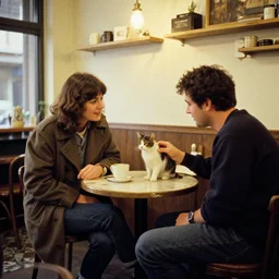 kodachrome photo of a man and his wife talking about cats at a budy coffe shop