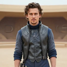 Portrait photo of adult Austin Butler with exposed dark-hair head, dressed in grey-prussian blue Tudoresque-Gigeresque casual garb, and griffin-embroidered nanocarbon-vest, in an arena in Dune 2021, XF IQ4, f/1.4, ISO 200, 1/160s, 8K