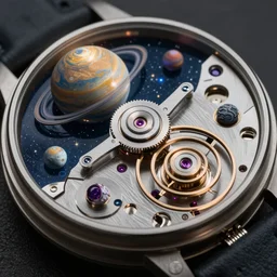 Macro photograph of a beautiful intricate watch mechanism with planets, moons, miniature cosmos