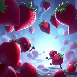 many strawberries running away panicking, artstation,