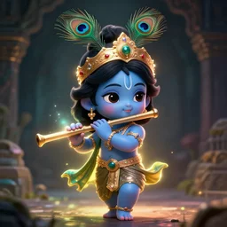 little lord krishna, wearing a peacock feather on his crown, holding flute in one hand, structured hand, cute face, focus, full body, anime, chibi, illustration, concept art trending on artstation, devainart, clear face, cinematic lighting, atmospheric, magical effect, glowing effect, hd, hyperdetailed, hyperreal, by greg rutkowski, sung choi