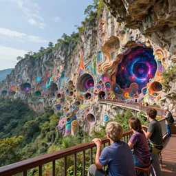 view from the balcony, vast cliff side with psychedelic caves, by josip csoor, by vladimir kush, by laurie lipton, by roger dean, hyperrealistic, detailed, 8 k resolution, landscape, psychedelic, rendered in lumion, cosmic, electric