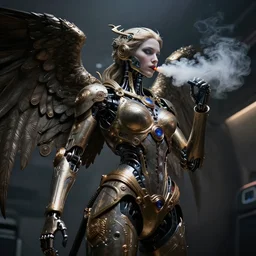 angel anon vaping on an airplane, cybernetics, low contrast, cinematic dramatic lighting, hyper realistic detailed intricate render, hypermaximalist, ornate, epic composition, 4 k 8 k, cryengine octane blender, sharp focus, concept art, masterpiece