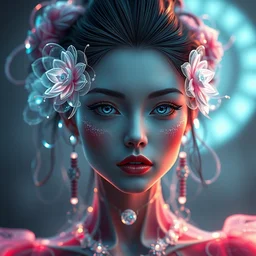 stunning up close symmetrical sci fi portrait of fashion elegant sophisticated of a translucent digital porcelain very beautiful cyborg lolita girl, dramatic lighting, ultra detailed ornate fractal neon wire decoration, radiant skin, luscious thick hair, flamboyant hairdo, complex nano mechanical baroque flowers, micro detail, by satoshi kon, sharp focus, artstation hq, deviantart, pinterest, octane, 8