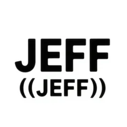 “JEFF” text, JEFF “(((JEFF)))))” text logo, simple white background Victo Ngai, Kilian Eng