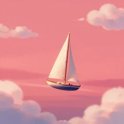 a small sailboat flying through the sky, fluffy clouds, red-pink sunset, floating, fantasy, concept art, illustration, artstation award, bright