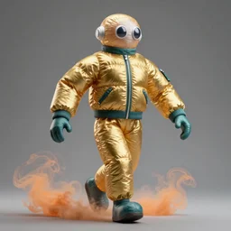 a single striding slender figurine of a tall giant inflated space man wearing over sized gold teal puffy bomber jacket, long bendy arms and legs, googly eyes, tareme eyes, small head, dynamic pose, detailed product photo, tone mapped, beautiful composition, orange mist swirling at feet, 8 5 mm, f 5. 8