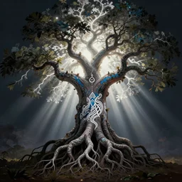 a beautiful painted ayahuma tree with dark roots and white light in the branches, god rays, shamanism, matte painting, fantasy art, ayahuasca