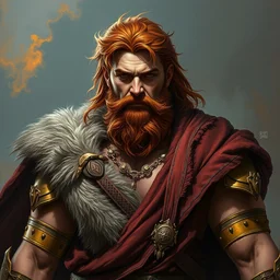painted portrait of rugged ares, [ red hair ] [ gold armbands ] masculine mature mountain fire handsome imposing, body hair, full body burly robe fantasy intricate elegant extremely detailed digital painting trending artstation concept art sharp focus illustration art by alphonse mucha greg rutkowski craig mullins