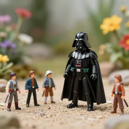 8 5 mm photography of darth vader playing with toys near a garden with sand with dof and bokeh and flowers