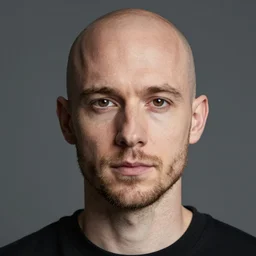 british male electronic dance music producer and dj, bald, 4 2 years old, very light beard, sharp straight nose, brown eyes close together, smooth chin