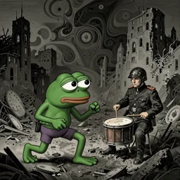 resolution 4k worlds of loss and depression made in abyss design pepe the frog fighting in the civil war war , battlefield darkness military drummer boy , desolated city ivory dream like storybooks, fractals , pepe the frog , art in the style of and Oleg Vdovenko and Gustave dore and Akihito Tsukush