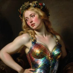 blushing, sweating, seductive saoirse ronan, blonde hair, wearing rainbow scales armour, posing seductive, looking seductively, ornate wreath, oil painting by titian, hard focus