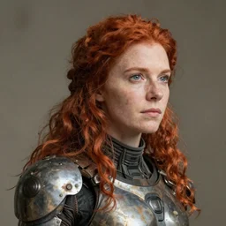 a rustic woman wearing futuristic exoskeleton, detailed face, redhead, by greg rutkowski, mandy jurgens