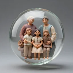 portrait of a family having been sewn together and compressed and moulded into a levitating spheroid. perfectly composed, beautiful studio lighting and impeccable focus. a work of art coated in a very thin layer of glass.