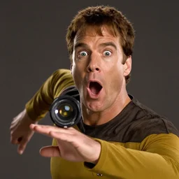 photograph of captain j. kirk from star trek looking amazed with his mouth and eyes wide open. film still, detailed face!!, ultra realism, dramatic lighting, zeiss lens, canon eos, dynamic pose, 8 resolution, hyperrealism