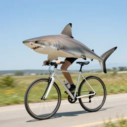 a shark on 4 legs riding a bike