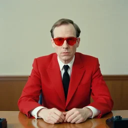 portrait front view of a man in a red suit sitting at a desk, red lenses sunglasses, pale skin, photograph by Wes Anderson