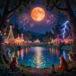 a night carnival around a magical tree cavity, with a surreal orange moonlight and fireworks in the background, next to a lake with iridiscent water, christmas lights, volumetric lightning, folklore creatures and fantastic animals and people disguised as fantastic creatures in a magical forest by summer night, masterpiece, underwater scene vibe, masterpiece painted by gustave baumann, scene by night, colored lights, iridiscent glares, dark night environment, refraction lights, glares