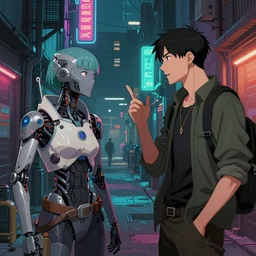 two people arguing, detailed digital illustration by greg rutkowski, cyberpunk back alley, nighttime, colorful lighting, android netrunner