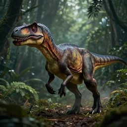 Velociraptor dinosaur, walking in the jungle, the velocirapter has blood on its teeth, 8k, professional photography, cinematic shot, dark, smoke