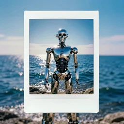 analog polaroid portrait of a chrome robot, human skull, standing in the ocean, azure tones, sunlight, reflection, sparkles, lensflare, film grain, 8k, unreal engine, color bleed