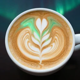 caffe latte art that looks like aurora borealis, 4 k, trending, good lighting, professional, wow, skilled artist