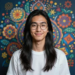 colorful and festive captivating young man with straight long black hair, round glasses, innocent smile, wearing a white t - shirt, atmospheric lighting, painted, intricate, highly detailed by charlie bowater