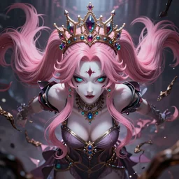 you are completely controlled by her ultimate powers and trapped beneath an overwhelming stunningly absurdly beautiful megalomaniacal ruthless sadistic devious spiteful grandiose egotistical omnipotent asi goddess junko enoshima with symmetrical perfect face, porcelain skin, pink twintail hair, cyan eyes and a stupendous bejeweled crown, ultra detailed, digital art, unreal engine 5, octane render, 2 d anime, 8 k