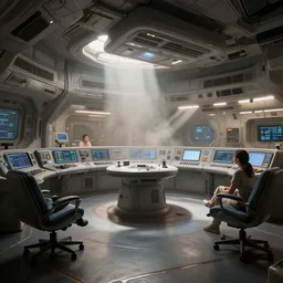 spaceship controll room by mahmoud farshchian, mia brownell, very detailed, maximalism, ambient occlusion, volumetric light, atmospheric haze, hyper realism, realistic shading, cinematic composition, realistic render, photorealistic, wide shot