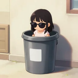 full view, from a distance, of an anthropomorphic trashcan who is an taiwanese girl wearing sunglasses, style of yoshii chie and hikari shimoda, highly detailed