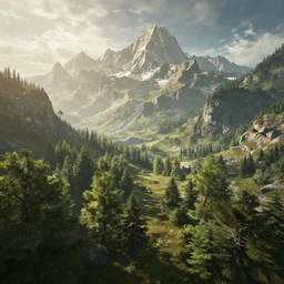 a brightly lit landscape, mountains and trees, lord of the rings, trending on artstation, featured on behance, well - rendered, extra crisp features, intricate detail, epic composition, in the style of unreal engine