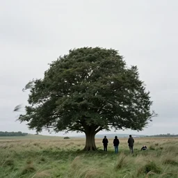 people gathered around an enormous, tree in the foreground of windy moor, visible horizon, kate bush, dreamy, flat grey sky