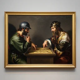 a caravaggio painting masterpiece exposed in Paris : two soldiers playing rock paper scissors, This 4K HD image is Trending on Artstation, featured on Behance, well-rendered, extra crisp