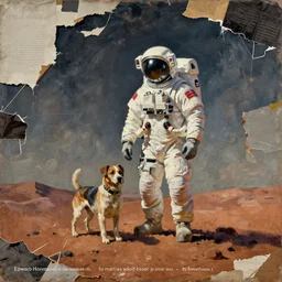 lonely astronaut and dog standing on a hill on the mars, intricate, detailed, torn paper decollage, oil on canvas by edward hopper, ( by mattias adolfsson ), by moebius