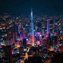 panorama of medellin colombia neon cyberpunk,, highly detailed vfx, cinematic, volumetric lighting,