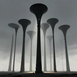 concept art, architecture design, tall black cone towers with thick top and thin bottom, empty plain, god rays, greg rutkowski, james gurney, johannes voss, unreal engine, hyperdetailed, 4 k