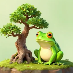 a frog next to a bonsai tree, digital art, 8k